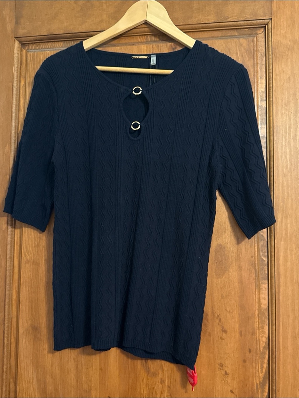 Elie Tahari Navy Knit Top with Gold-Tone Logo Plaque